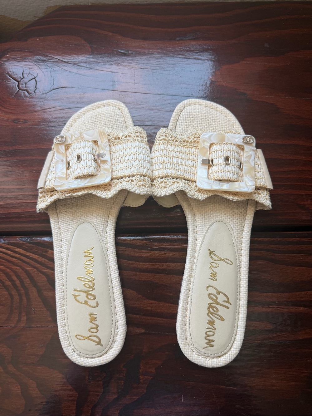 Sam Edelman Bambi Beige Linen Raffia Slide Sandals with Buckle Size 8.5 - Picture 5 of 8